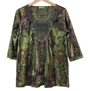 One World Womens Size M 3/4 Sleeve Embellished Beaded Sequin Boho Velour Top